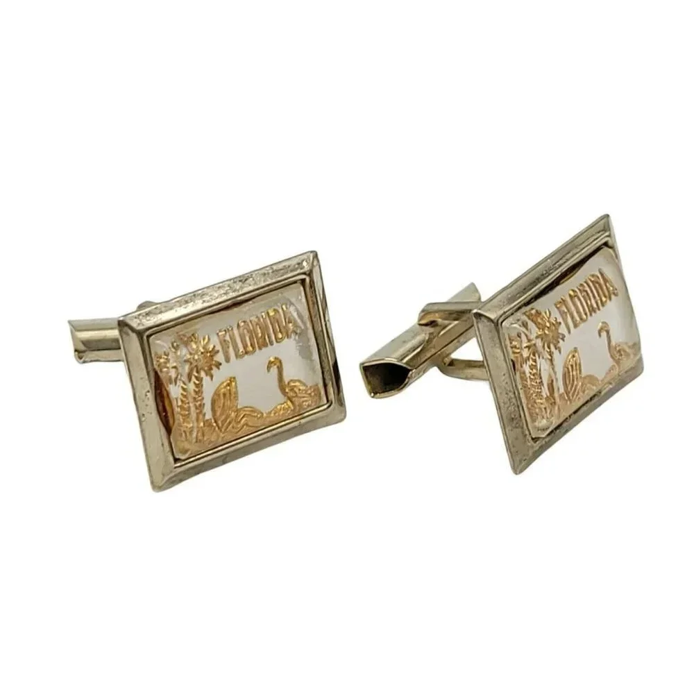 Florida Cufflinks State Lucite Plastic Cover Gift Souvenir MCM Gold Tone Vintage